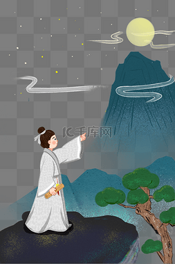 月亮星星图片_古人古代赏月山峰松树雾气意境星