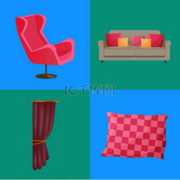 沙发窗帘图片_沙发和靠垫，带正方形图案的枕头