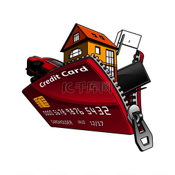 金融贷款房子图片_带拉链的开放式红色银行信用卡内