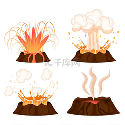 炽热图片_火山喷发阶段矢量插图集火山冒着