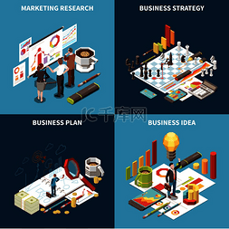 商业理念图片_商业战略等距图标集与营销研究商