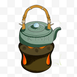 火炉上的茶壶日本茶壶和杯子