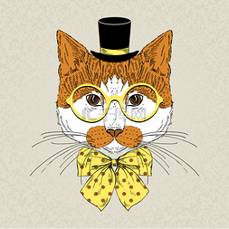 创意眼镜卡通猫图片_手画红猫时髦的时尚的画像