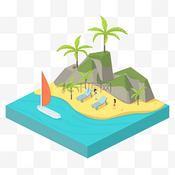 热带沙滩扁平图片_2 5d风格夏季女孩椰子树泳池