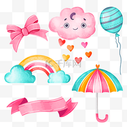 手绘粉色纹理背景图片_雨天卡哇伊雨伞雨滴彩虹水彩画