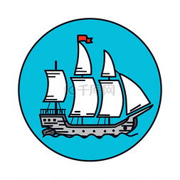 带白帆和红旗的古木船穿过蓝色圆