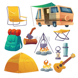 带帐篷、篝火、背包和面包车的夏