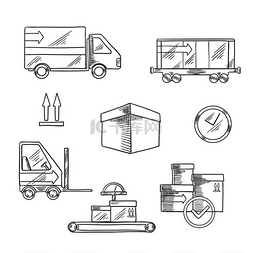 货物包图片_交付、运输和物流图标与集装箱火