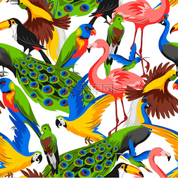 无缝图案搭配热带珍禽丛林和热带