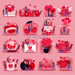 扁平的粉色爱情情侣图标集或贴纸