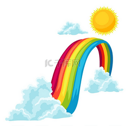 天空彩虹太阳图片_天空中云彩、太阳和彩虹的插图。