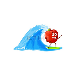 苹果多汁图片_卡通苹果冲浪孤立的夏季水果角色
