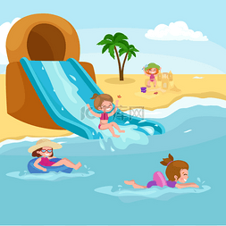 孩子的暑假。孩子们玩沙子在沙滩