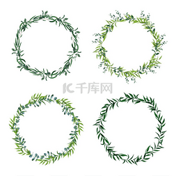 自然元素图标图片_圆形叶缘圆圈绿叶花环花框装饰圆