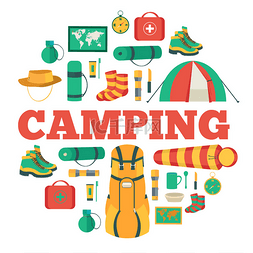 Camping equipment set circle infographics tem