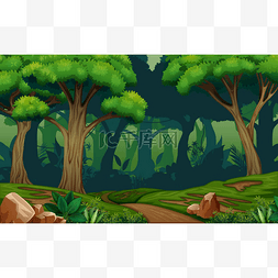 卡通森林背景图片_森林深处，林间小径插画