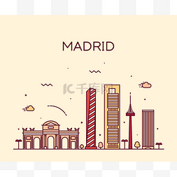 马德里的天际线时尚矢量插画线性