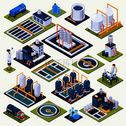 水清洗等距图标集，配有净化厂、