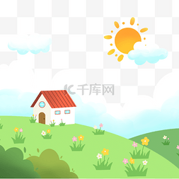 草地阳光背景图片_阳光下草地和房子春季花卉风景