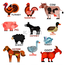 农场动物和鸟类卡通符号，带有扁