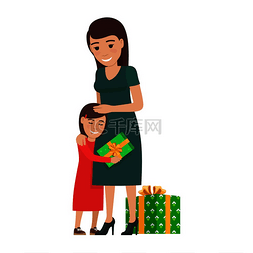 女儿拥抱她的母亲并拿着礼物，母