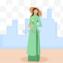 人物使用手机插画图片_越南传统女人服饰