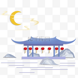 蓝紫色系图片_紫色系扁平剪纸中国风风景