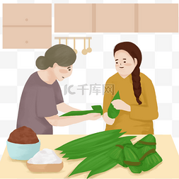 粽子图片_母女端午节包粽子