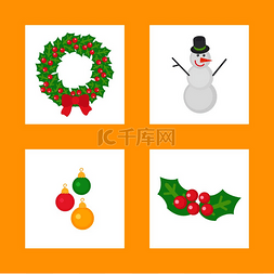 小饰品图片_圣诞花环和雪人角色图标集矢量槲