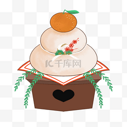 幸运叶子图片_镜饼日本新年庆祝食品水彩风格白