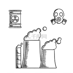 破坏和环境污染素描图标，带有冒