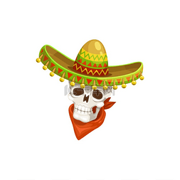 红色围巾帽子图片_戴宽边帽和红色围巾的墨西哥头骨