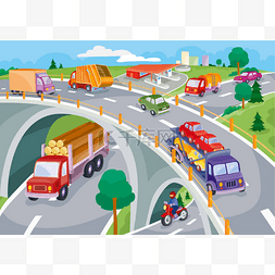 城市卡通插图图片_城市公路，有许多汽车，桥梁和隧