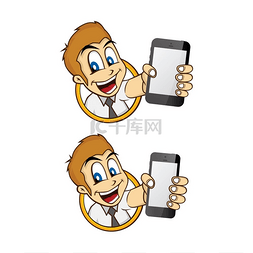 拇指向上图片_快乐的人微笑卡通用手机。