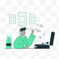 演奏插画图片_使用唱片机听复古音乐的男人