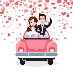 浪漫婚车图片_微笑的新婚夫妇站在用鲜花装饰的