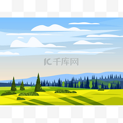 蓝天手绘卡通图片_美丽的乡村夏季景观, 山谷农村农