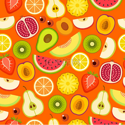 橙色背景上的热带水果无缝图案。
