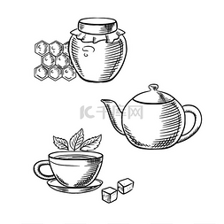 蜂蜜图片_一杯茶，新鲜茶叶和方糖，复古茶