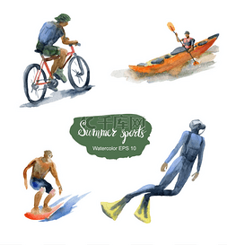 矢量冲浪的男人图片_夏季运动项目。矢量水彩插图.