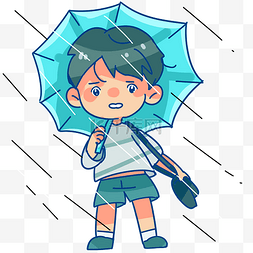 暴雨淋雨打伞男孩