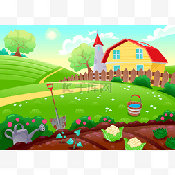 卡通风景场景图片_有趣的农村风光带菜园