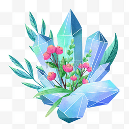 水晶宝石和鲜花装饰水彩