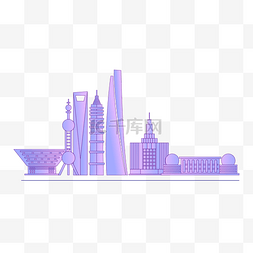 城市建筑图片_上海城市建筑剪影渐变描边插画PNG