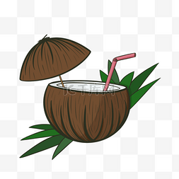 棕色椰壳装着椰肉和椰子果汁