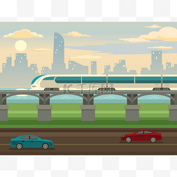 矢量手绘风景旅行图片_火车在铁路和桥梁。矢量平面插画