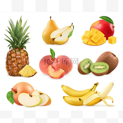 甜的水果。香蕉、 菠萝、 苹果、 