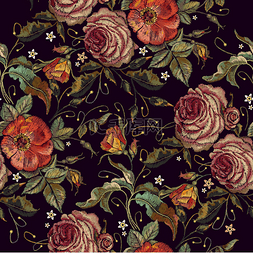 刺绣野生红玫瑰和牡丹无缝模式