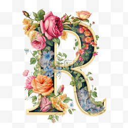 英文字母r图片_洛可可风格鲜花环绕字母系列字母