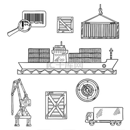 商业货运图片_航运和海上货运图标，包括集装箱